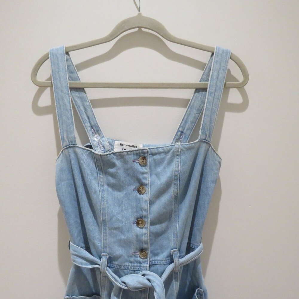 REFORMATION Farrah Chambray Denim Midi Dress Size 4 Palawan Blue Preppy Summer - Picture 4 of 16